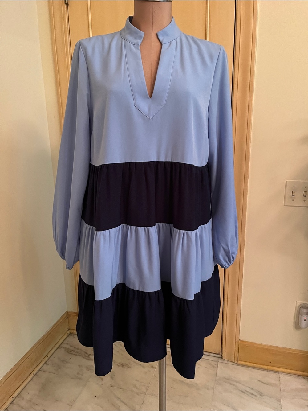 SAIL TO SABLE Nautical Party Blue/Navy Stripe Swing Split-V Neck Tiered Mini M